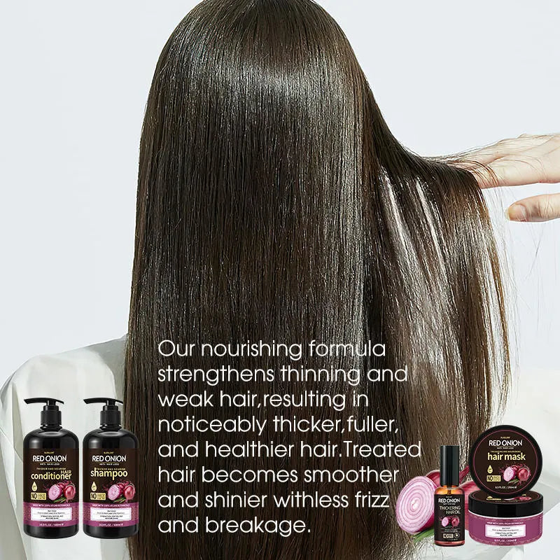 Red onion shampoo conditioner four piece set with hair mask and essential oil bottles