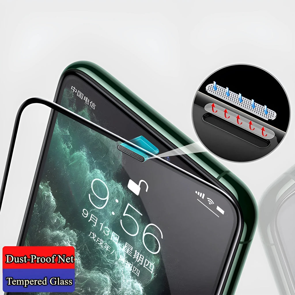 iPhone tempered glass screen protector with dustproof net edge and privacy filtering option applied to iPhone 14