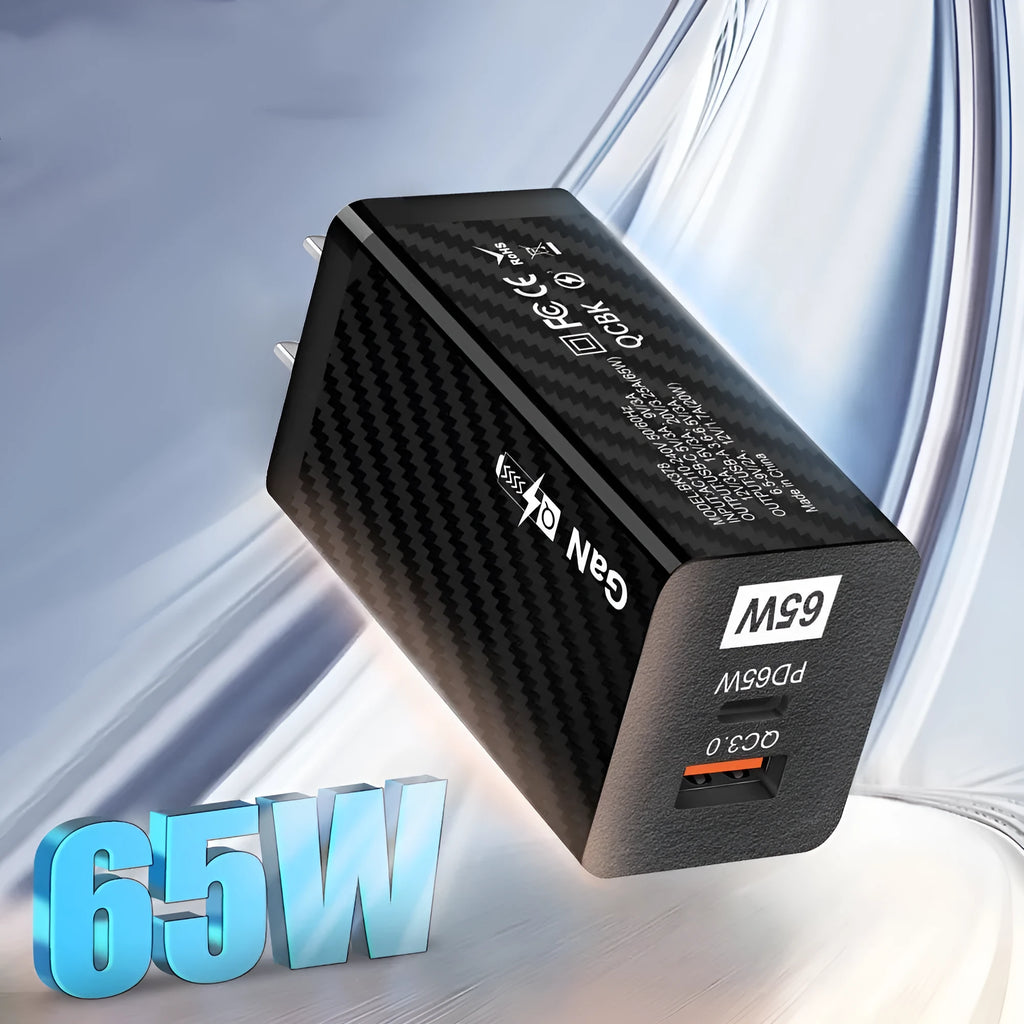 Gallium Nitride GaN 65W laptop charger in black with USB PD port and compact dimensions