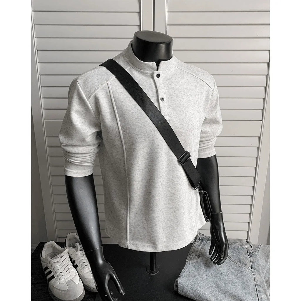 Men's loose-fit patchwork collar polo shirt with asymmetric shoulder design in Chinese cotton