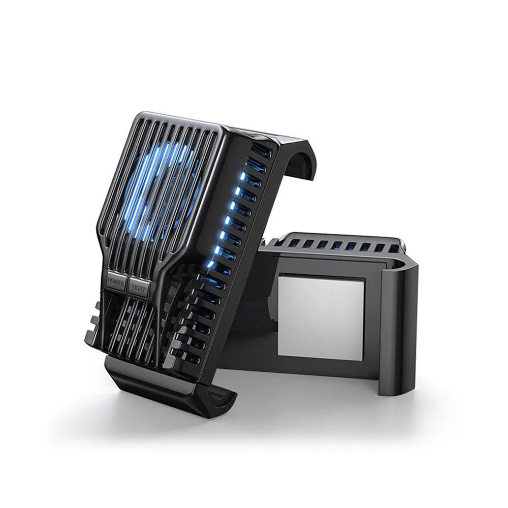 Black mobile phone radiator with aluminium alloy and ceramic cooling plate attached to smartphone