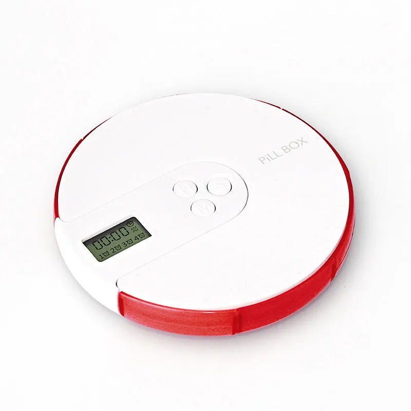 Seven-compartment electronic pill dispenser with alarm clock display, shown in blue.