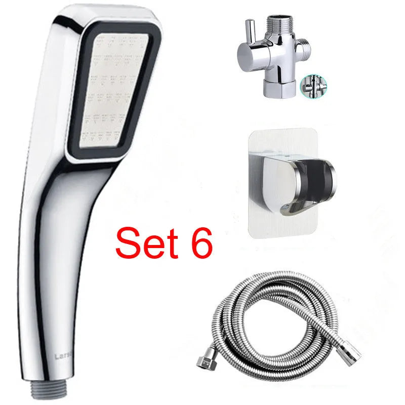 Orange hand-held pressurised shower head with rain function, part of a complete shower set