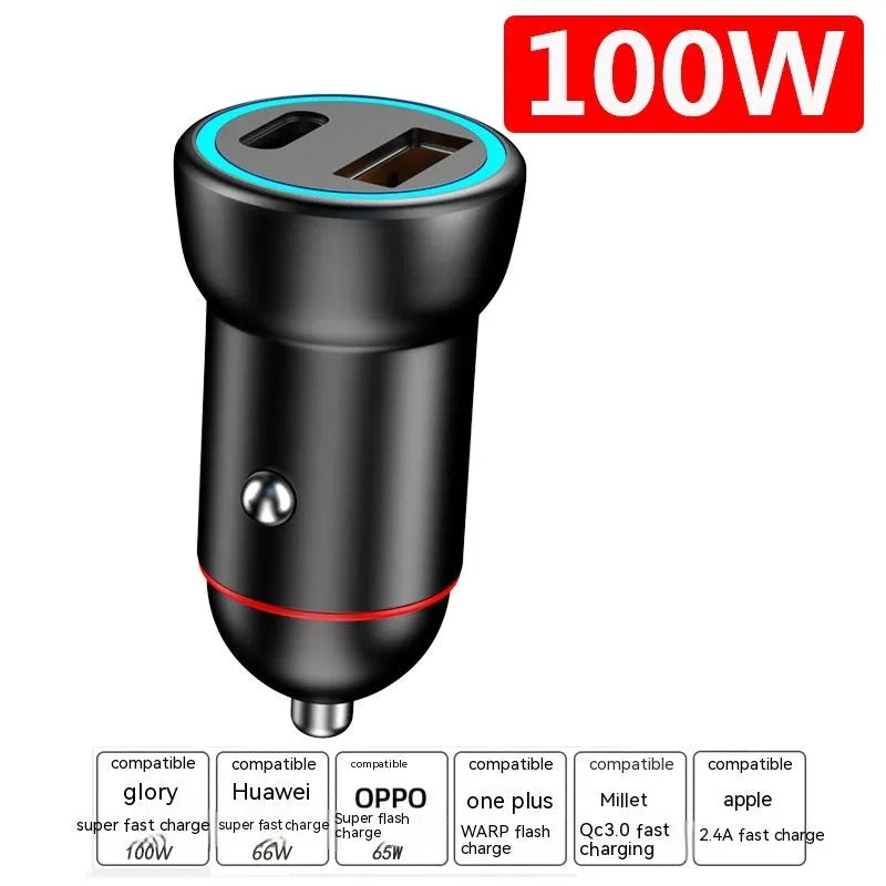 Black 200W zinc alloy car charger with USB port measuring 38mm