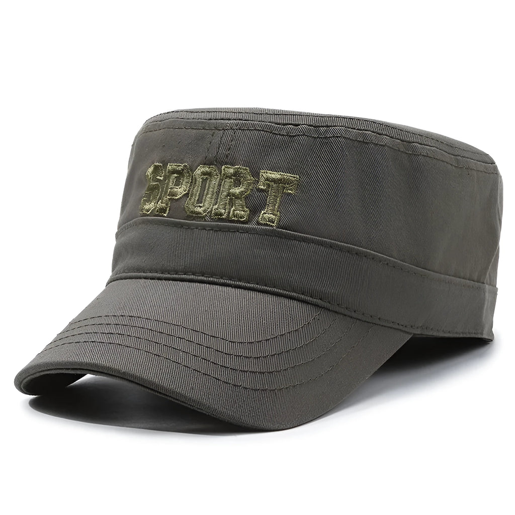 Men's adjustable cotton flat-top peaked cap in army green colour with dome crown.