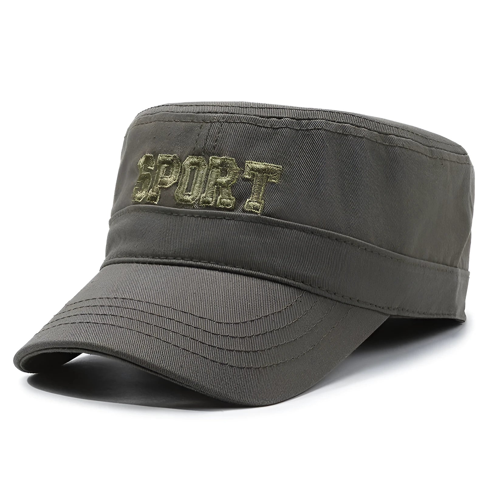 Men's adjustable cotton flat-top peaked cap in army green colour with dome crown.