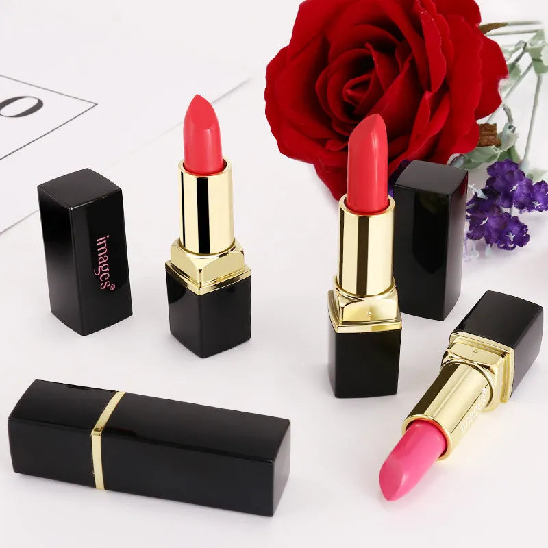 Moisturising lipstick in a case showing one of ten colours, including coral red, bright orange, and baby pink.