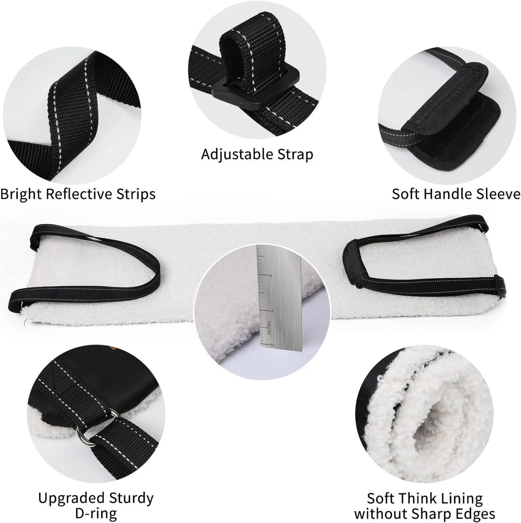 Adjustable dog sling supporting hind legs and buttocks with reflective straps and soft liner.