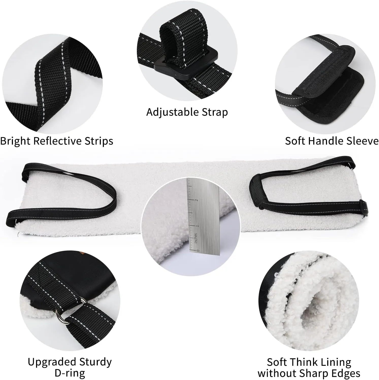 Adjustable dog sling supporting hind legs and buttocks with reflective straps and soft liner.
