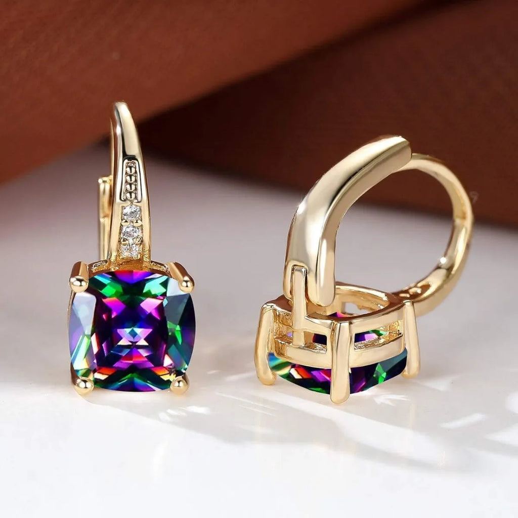 Geometric quadrilateral copper ear clips with moissanite stone inlay and electroplated gold finish
