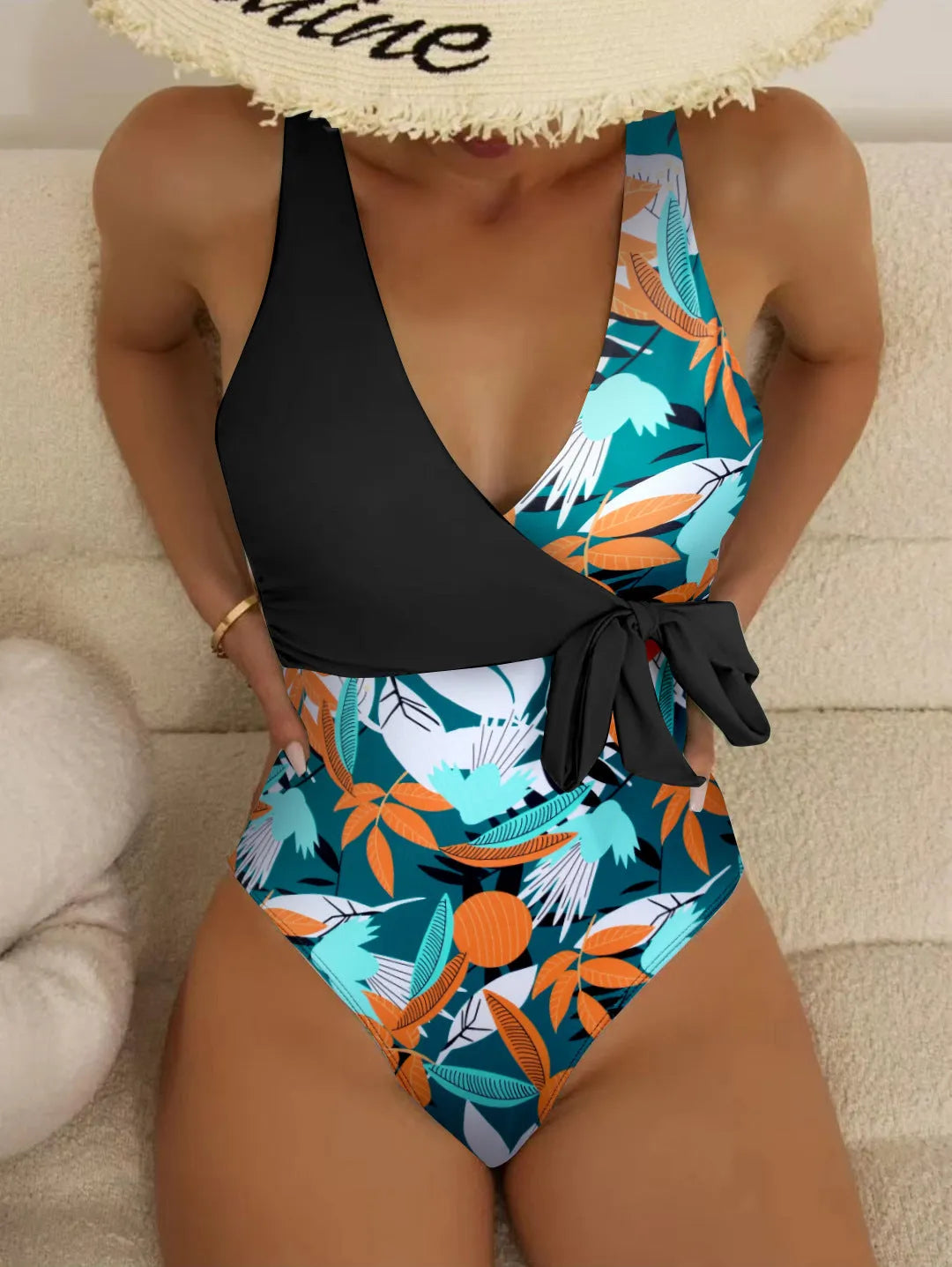 Women's high waist one-piece bikini swimsuit in printed black or white pattern