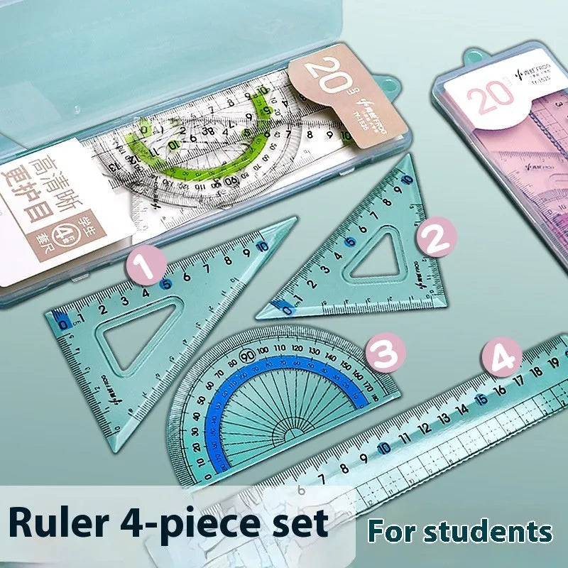 Youpai transparent acrylic drawing ruler set showing protractor and triangles on a blueprint.
