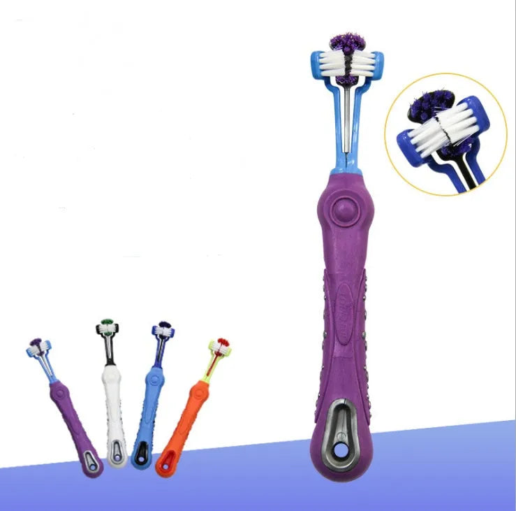 Three-sided pet toothbrush with PP TPR handle and nylon bristles in green colour on white background