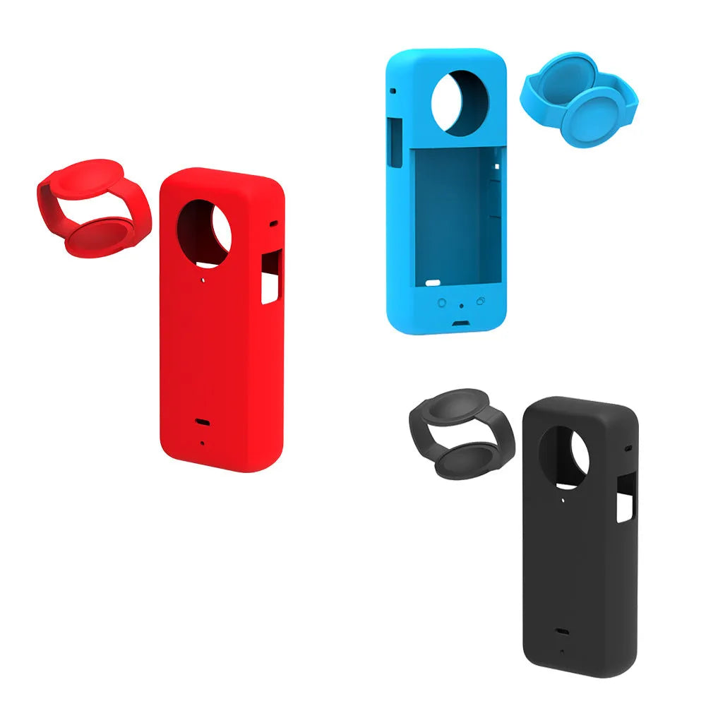 Insta360 ONE X3 silicone lens protective case in black, blue, and red colours, compact size
