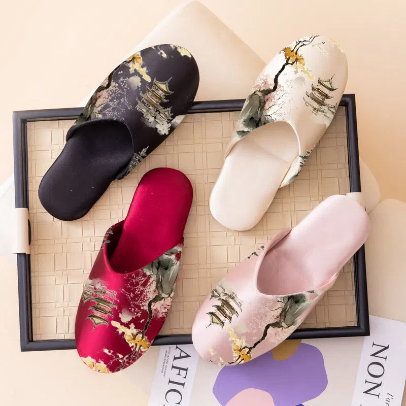 Women's non-slip printed fabric slippers with satin upper and cotton inner, available in multiple sizes and colours
