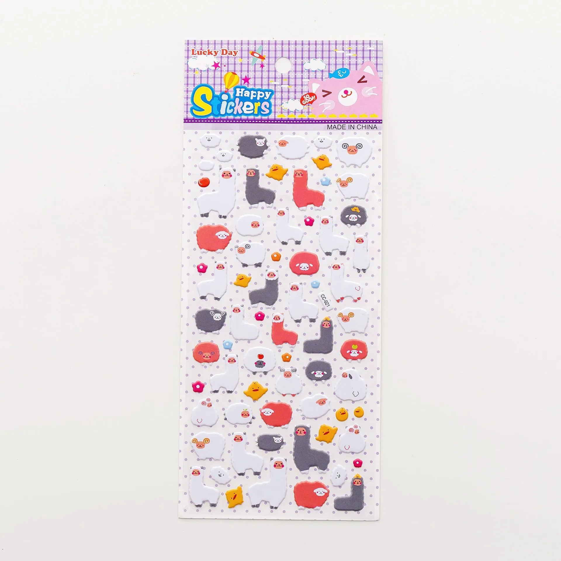 Cartoon three-dimensional bubble sticker featuring an alpaca design on a white background