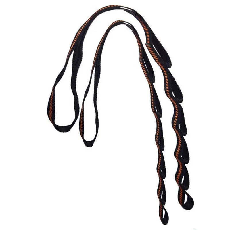 Two polyester hammock straps with six loops each, 1 m length, on a tree