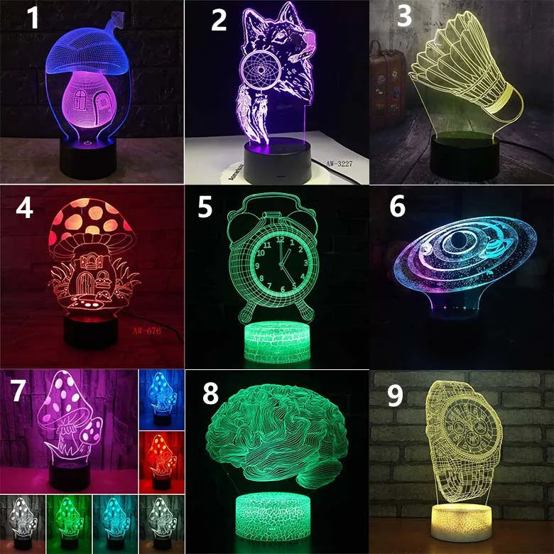 3D colourful LED desk lamp with remote control on study desk showing acrylic lighting effects