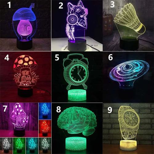 3D colourful LED desk lamp with remote control on study desk showing acrylic lighting effects