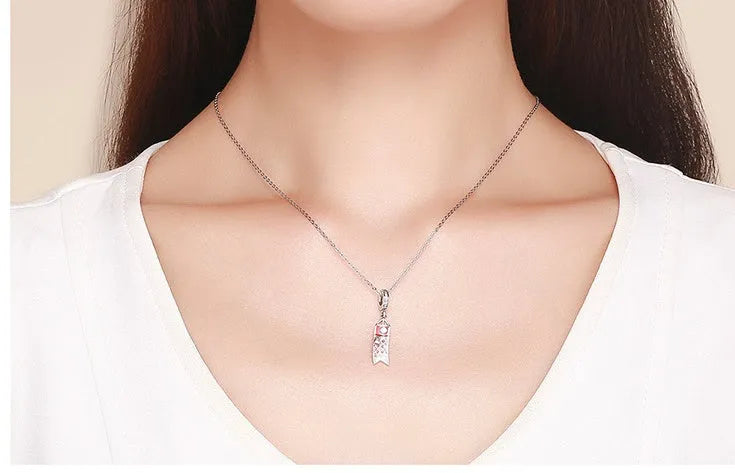 S925 sterling silver carp streamer pendant with zircon detail, measuring 2.8cm tall.