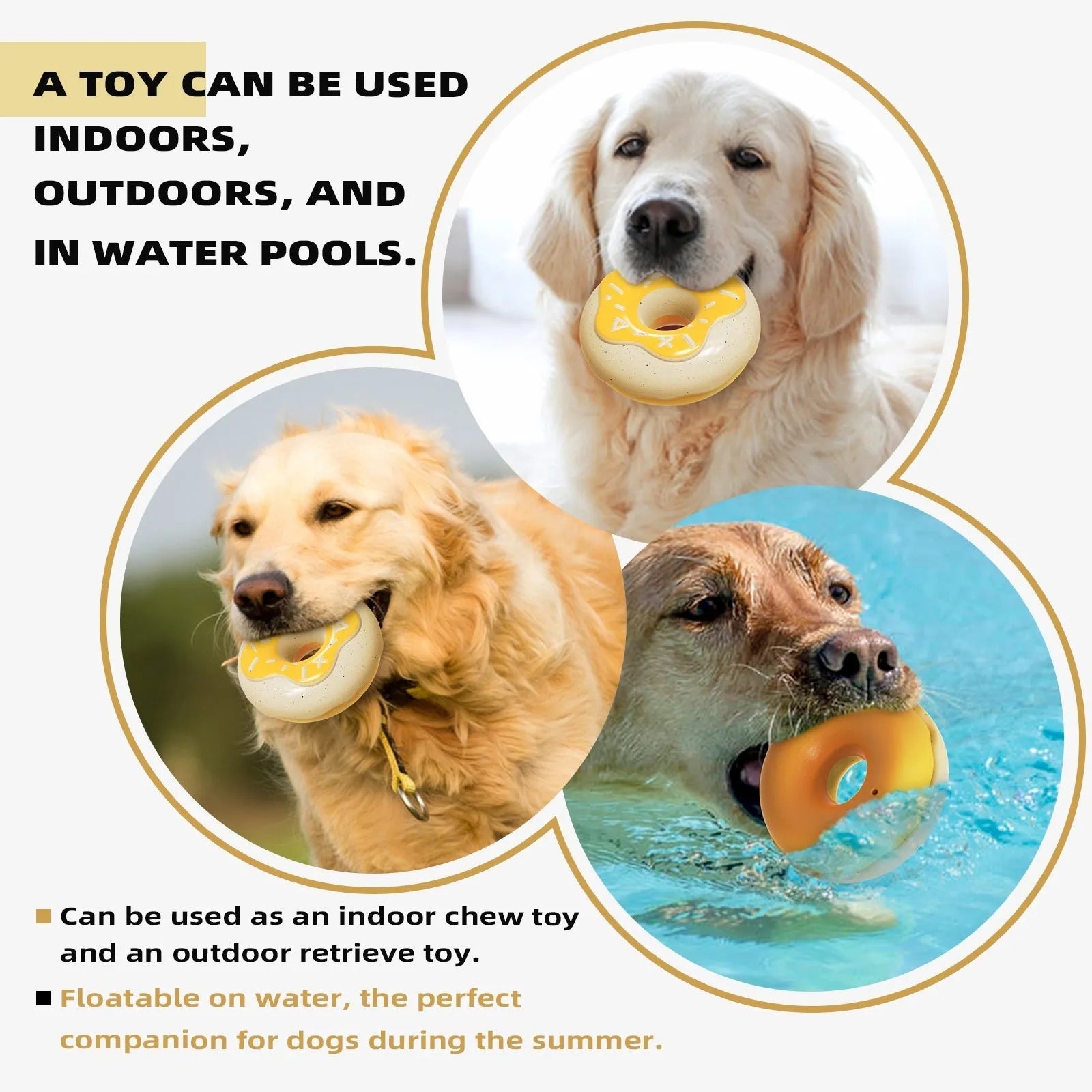 TPR donut-shaped dog chew toy with squeaker for dental care in pink, chocolate or yellow colours