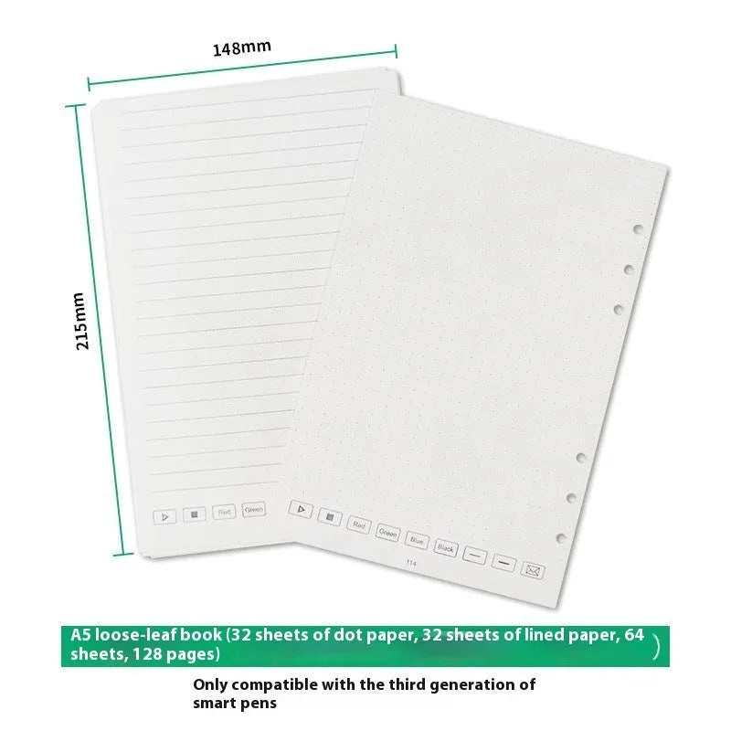 Loose spiral notebook filling paper cores with 64 pages of Zodiac Forest Paper and multiple pen refill types