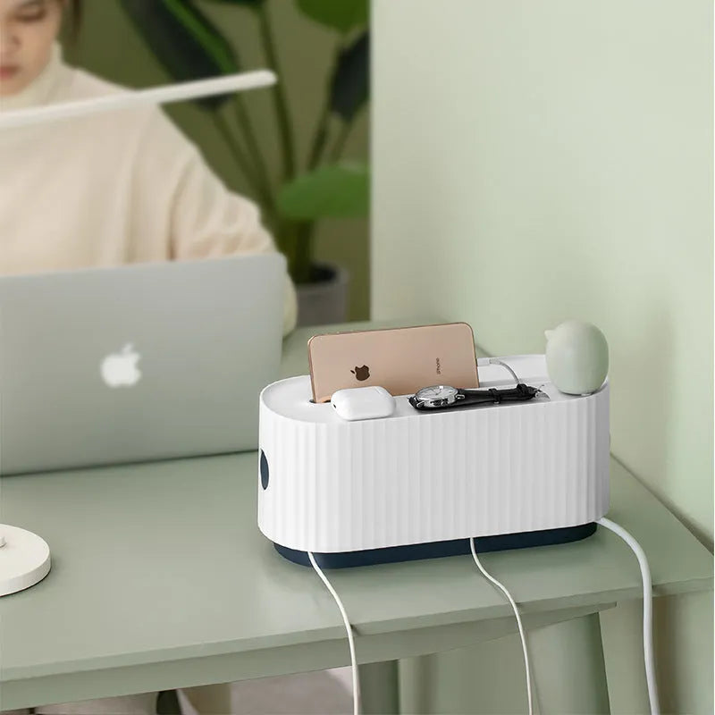 Cloud Power Storage Box in blue with power strip inside, bottom cable holes visible, HIPS material, 331x143x141mm