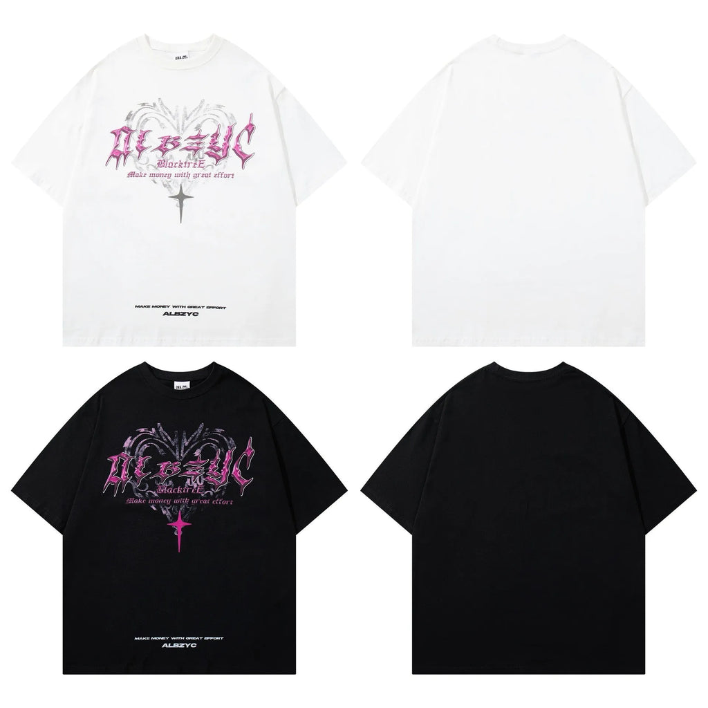 Men's retro printed cotton T-shirt with short sleeves and loose fit in white or black colour options