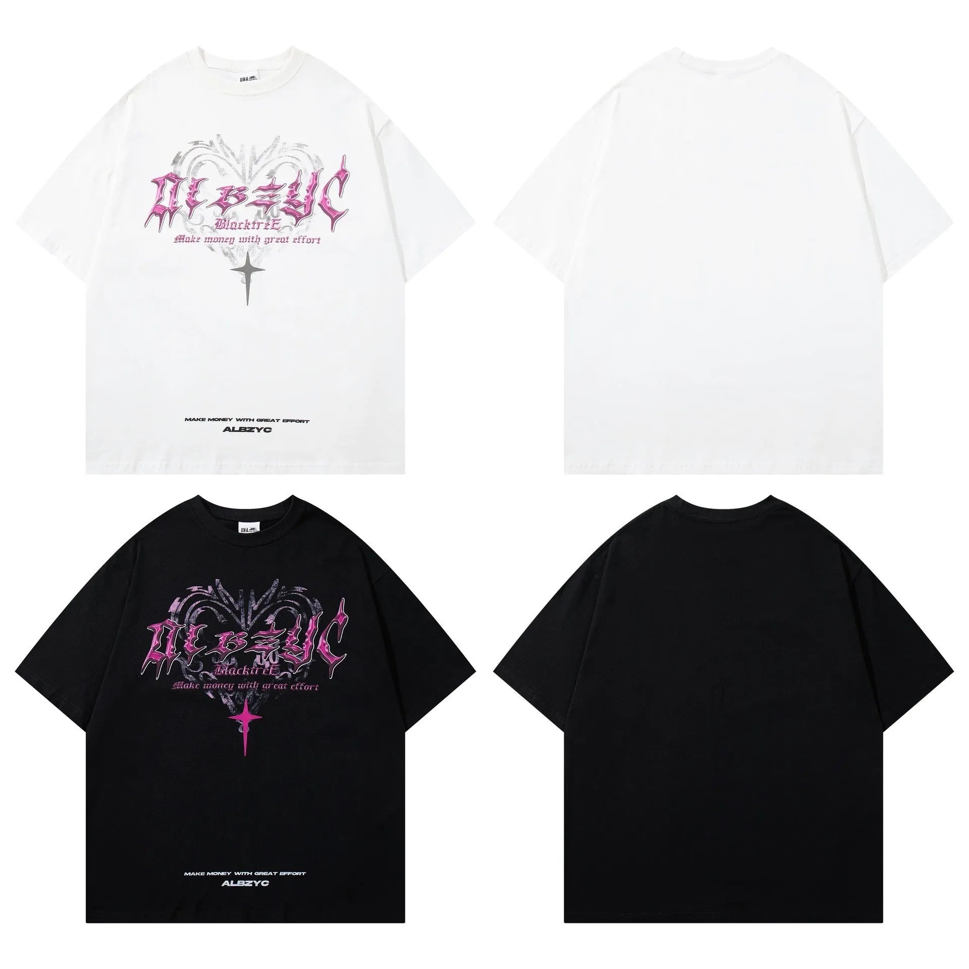 Men's retro printed cotton T-shirt with short sleeves and loose fit in white or black colour options