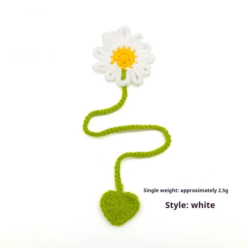Hand-crocheted daisy design wool bookmark with flexible wire core in various colour options
