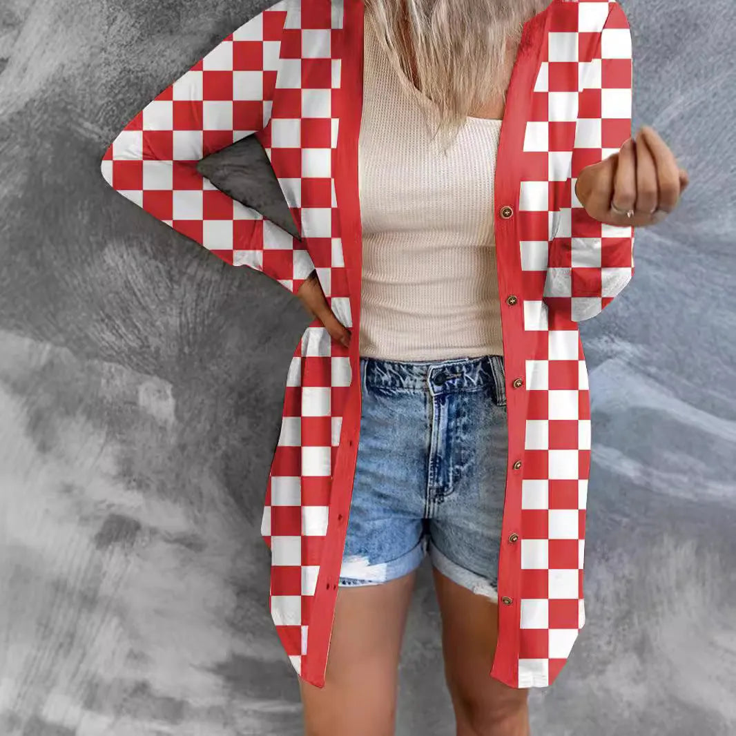 Women's long grey plaid cardigan coat with loose fit and regular sleeves