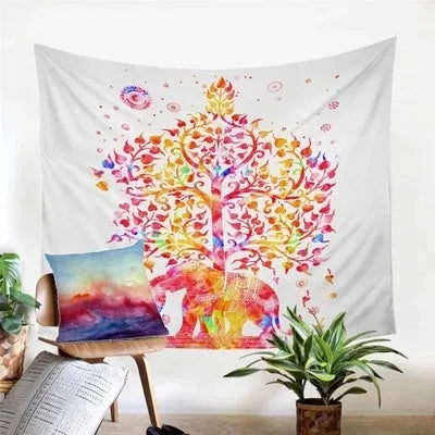 European classical woven polyester fibre rectangular wall tapestry in bedroom setting, two size options