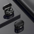 Black stereo Bluetooth wireless headset with earplug design showing power display