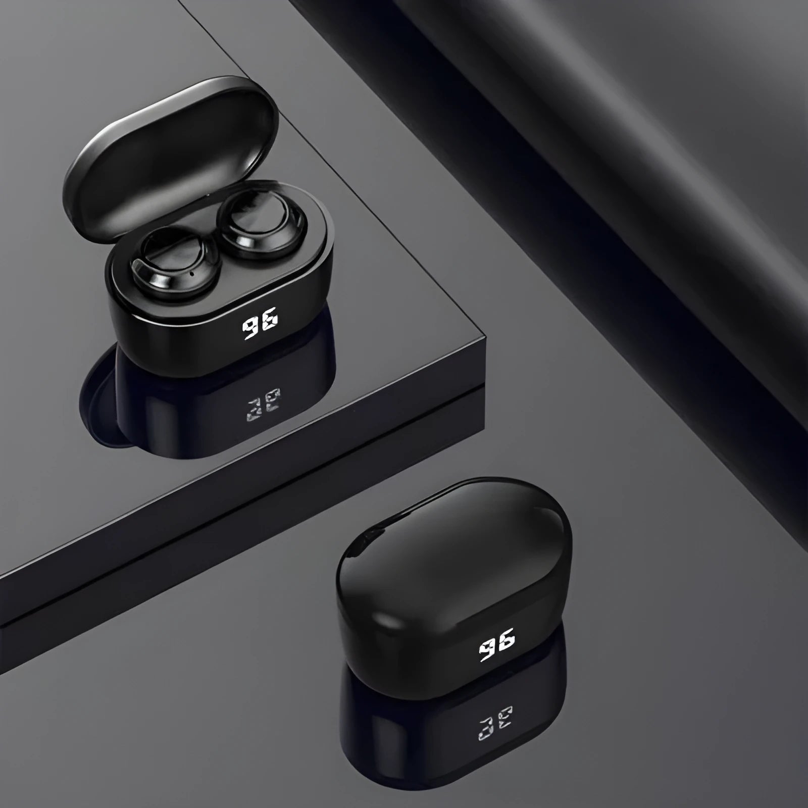 Black stereo Bluetooth wireless headset with earplug design showing power display