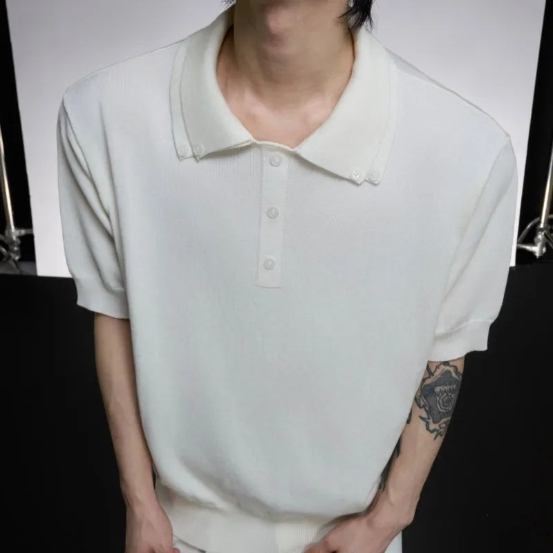 Men's double collar short sleeve polyester shirt in black with lapel design and fastener decoration