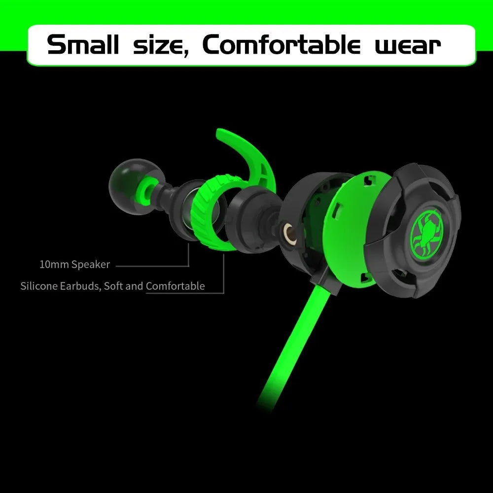 Shuangmai wired in-ear gaming headset in black, green, and red colours with a 1.5cm cable.