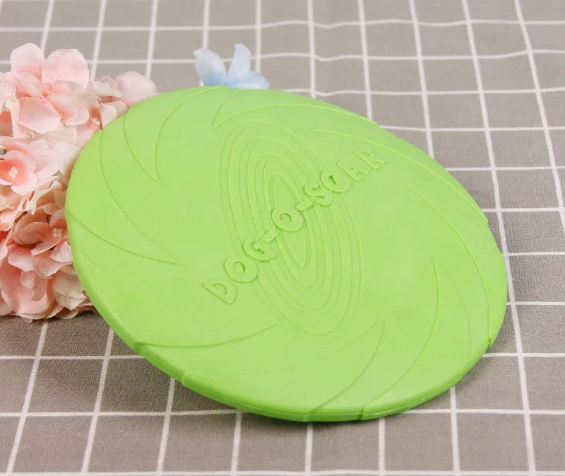 Dog training set with plastic frisbee and bite ring in orange and green colours on grass