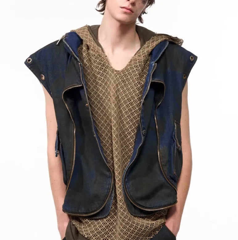 Blue deconstructed Korean-style hooded denim vest and matching trousers laid flat.