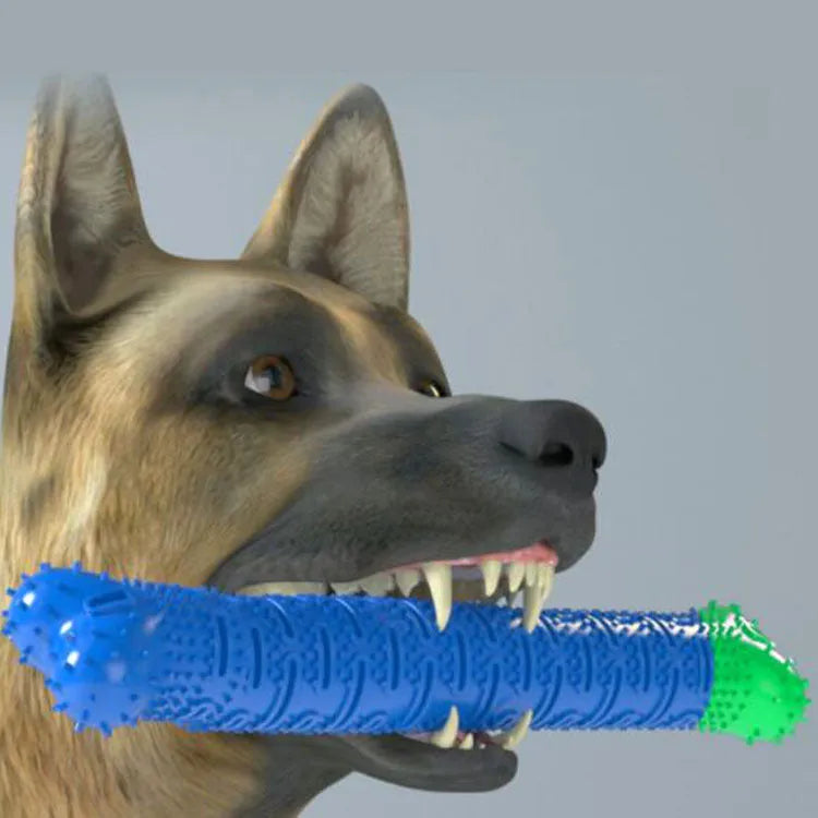 Blue green 25cm dog dental cleaning toy with silicone brush head and textured chewing surface