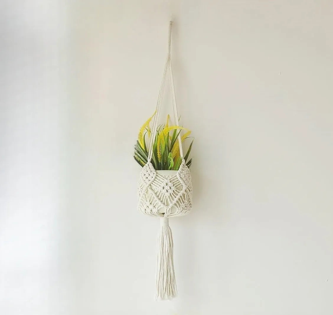 Hand-woven cotton polyester flower pot net with extension cord in a choice of seven colours.