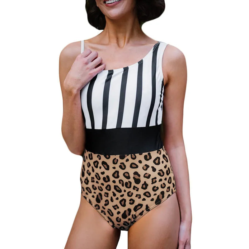 Women's leopard print one-piece swimsuit with asymmetric collar and high-waisted triangle briefs