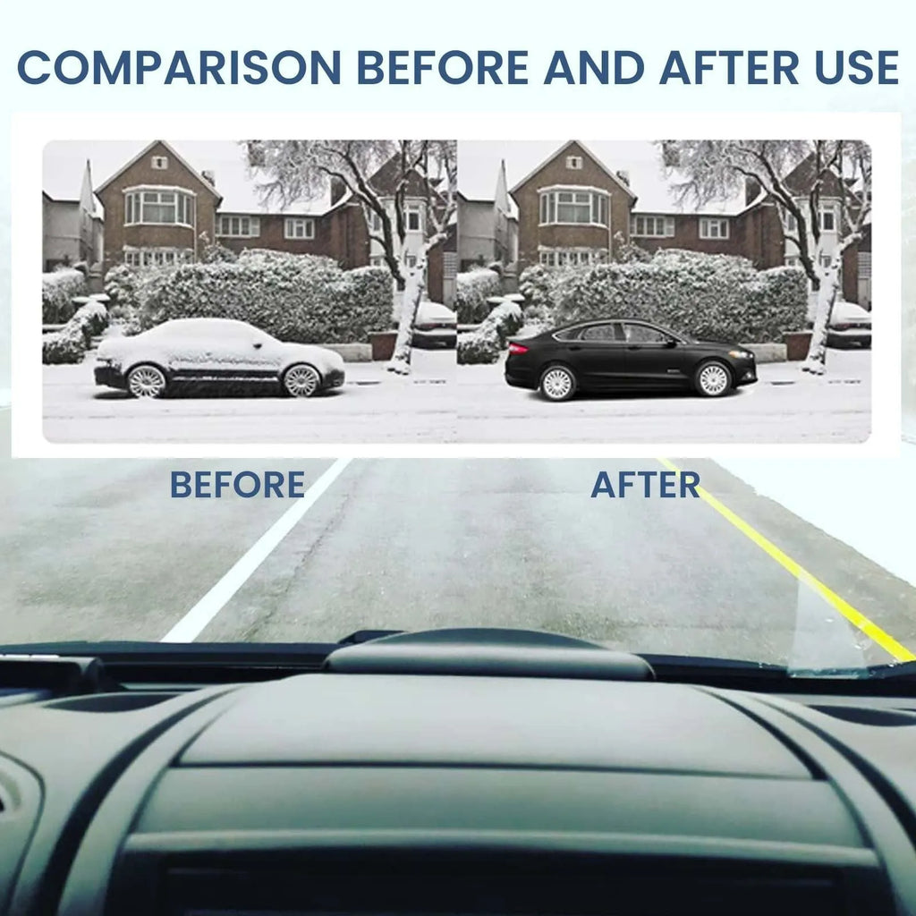 Black car snow removal tool with special glass construction measuring 5 by 2.6 by 1.5 centimetres