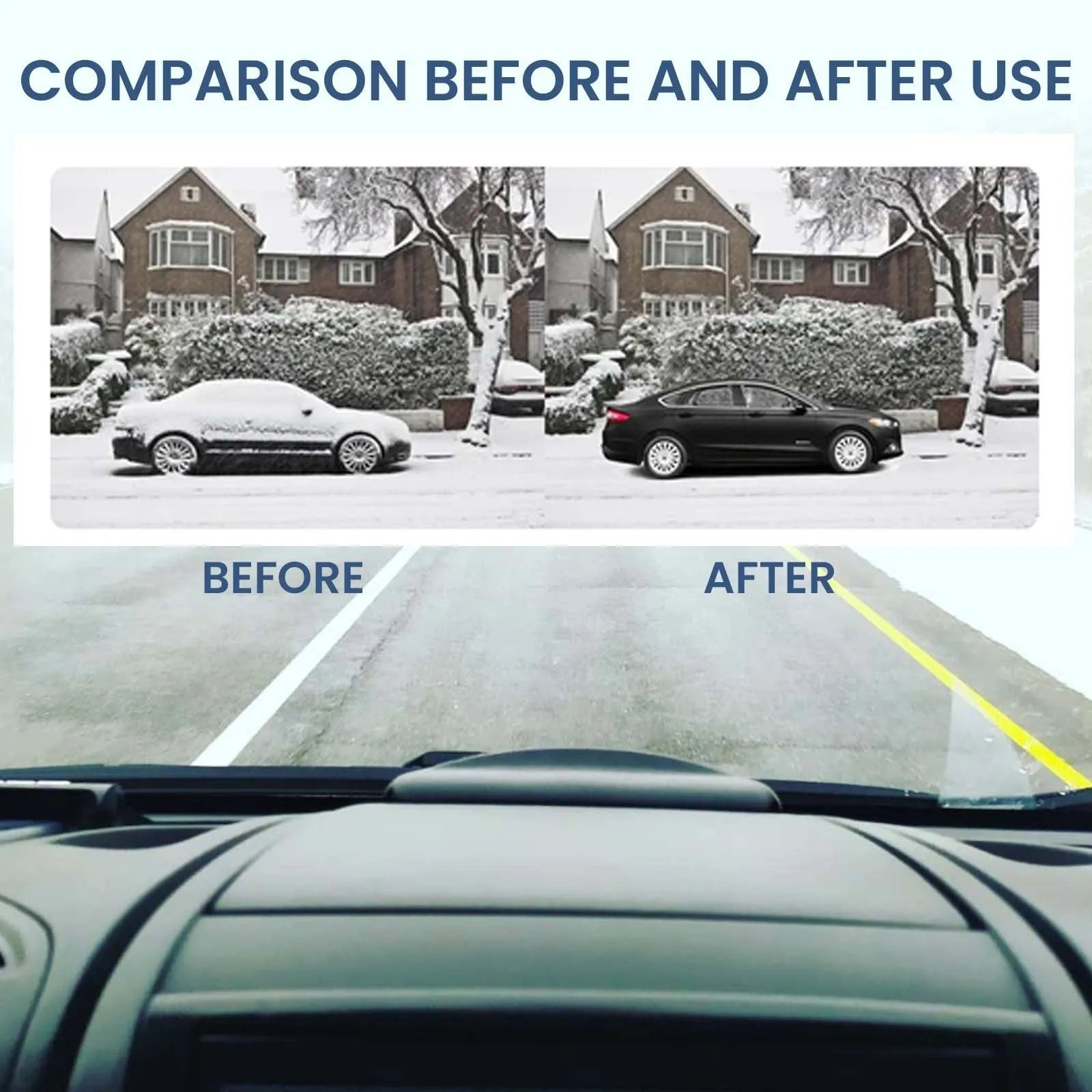 Black car snow removal tool with special glass construction measuring 5 by 2.6 by 1.5 centimetres