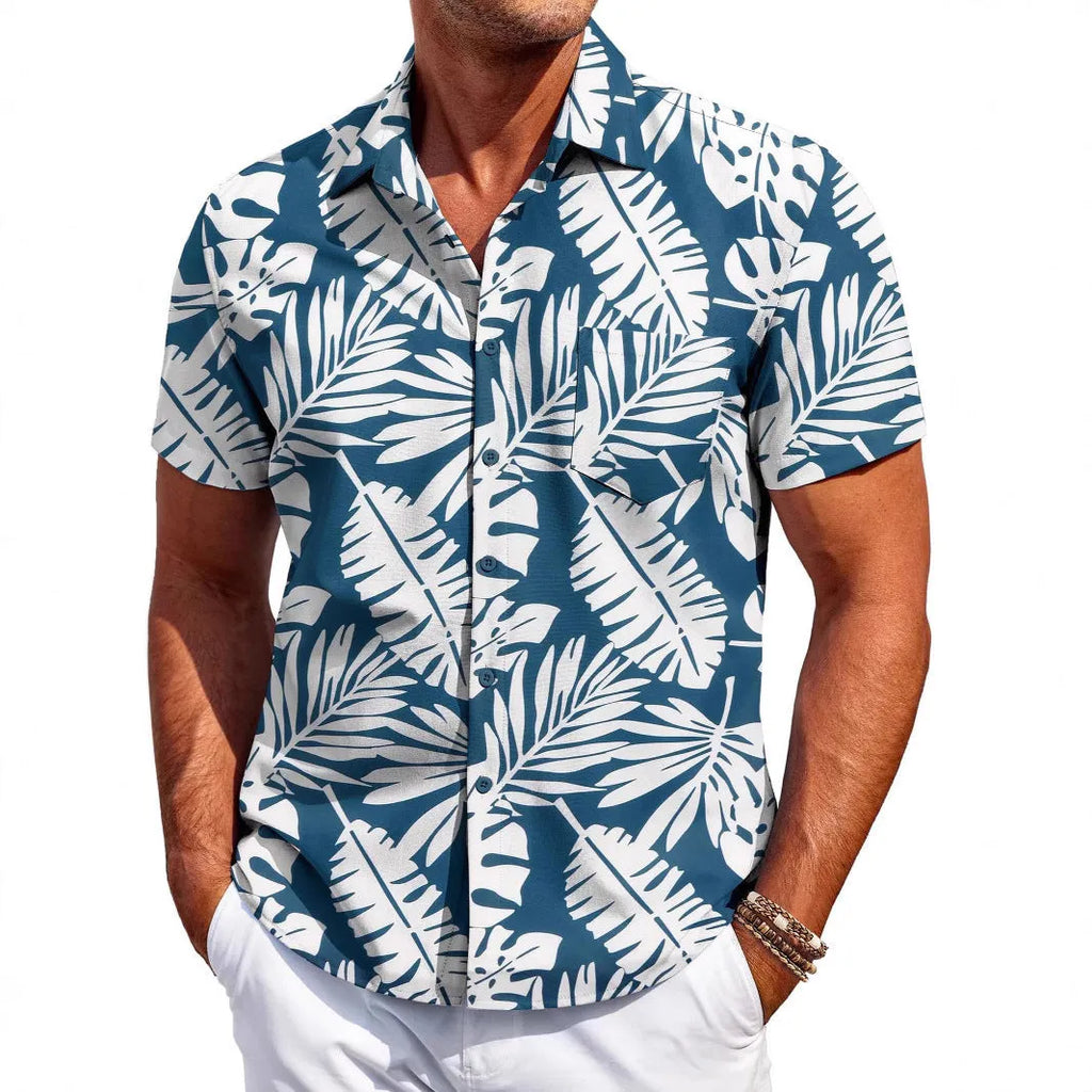 Men's slim fit Hawaiian style cardigan shirt in elastic polyester fabric with short sleeves