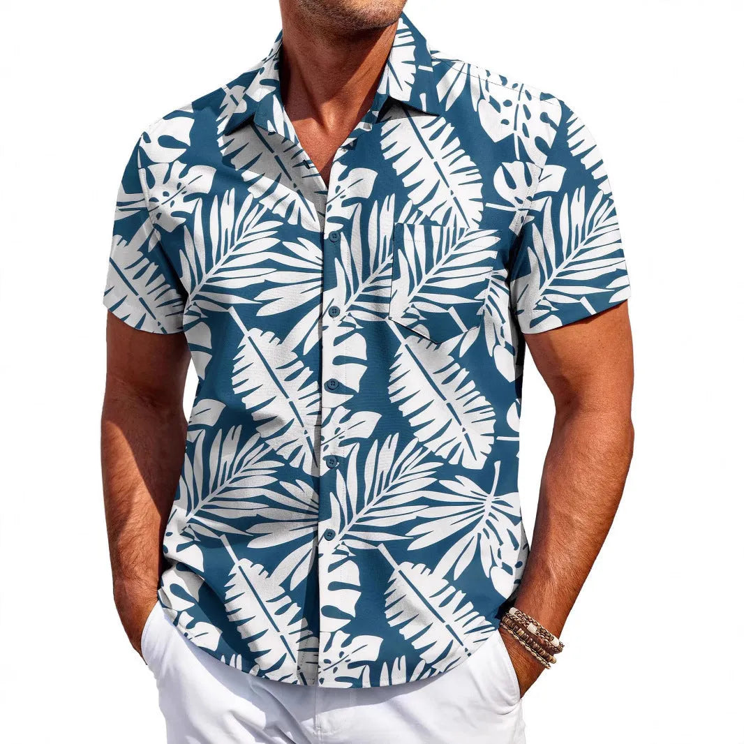 Men's slim fit Hawaiian style cardigan shirt in elastic polyester fabric with short sleeves