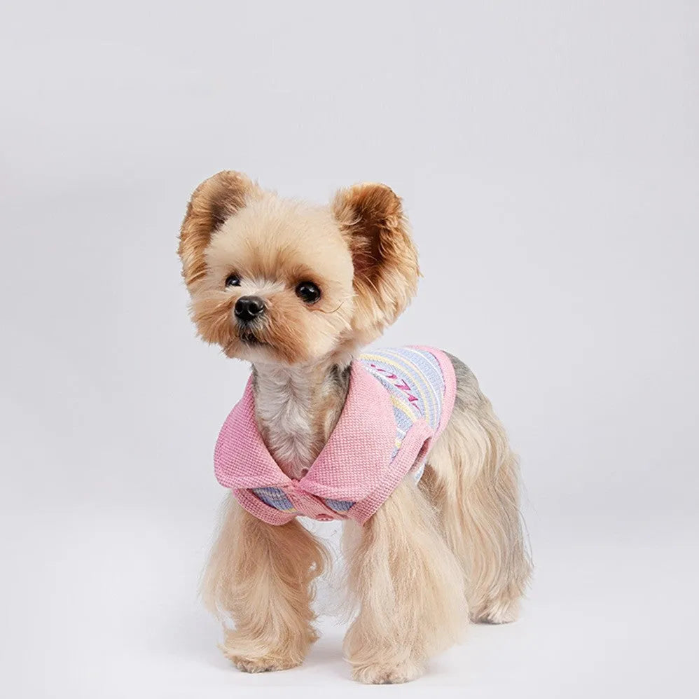 Pink purple vest for a small dog, showing the autumn pet clothing on a mannequin or model.