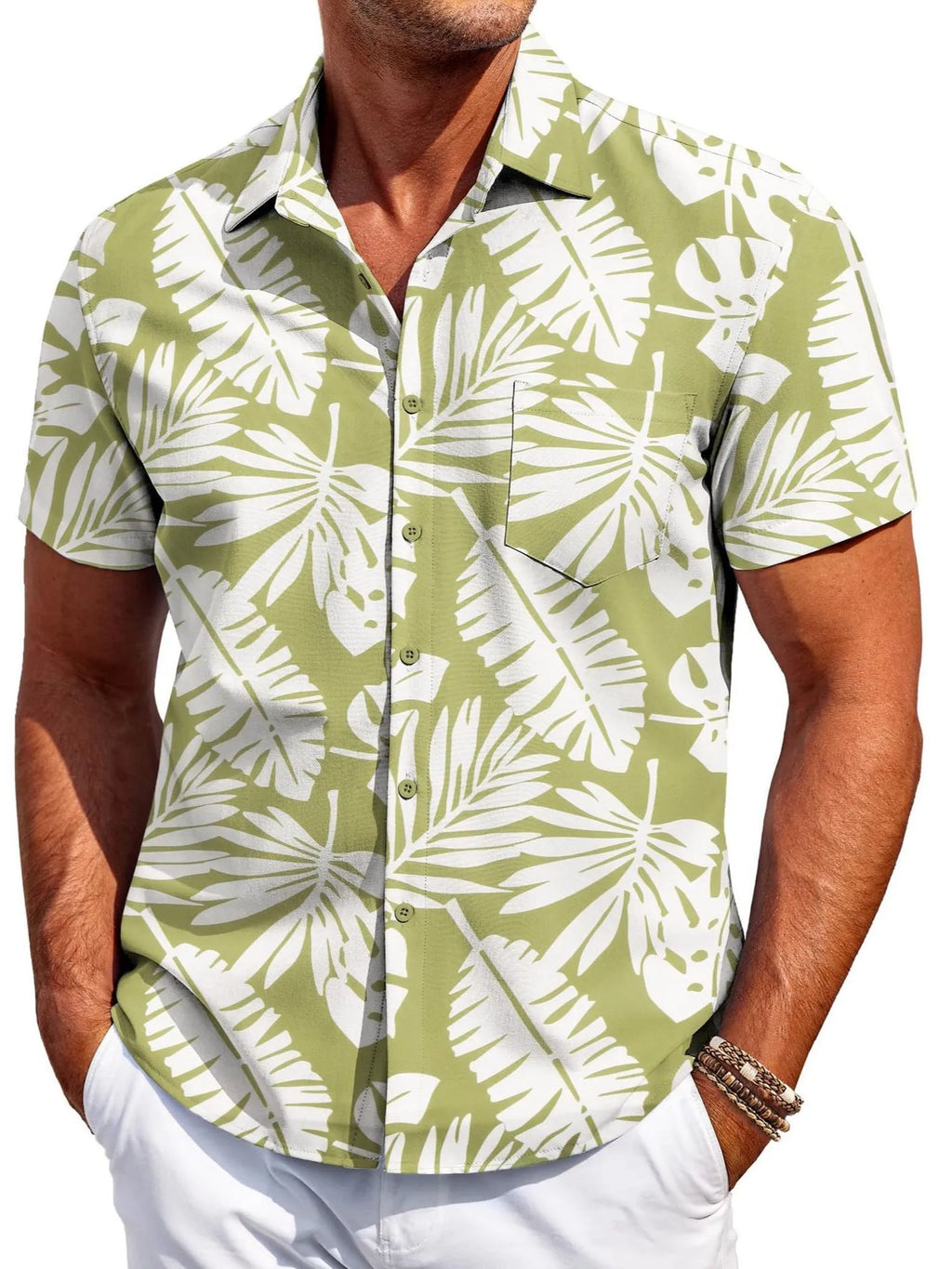 Men's slim fit Hawaiian style cardigan shirt in elastic polyester fabric with short sleeves