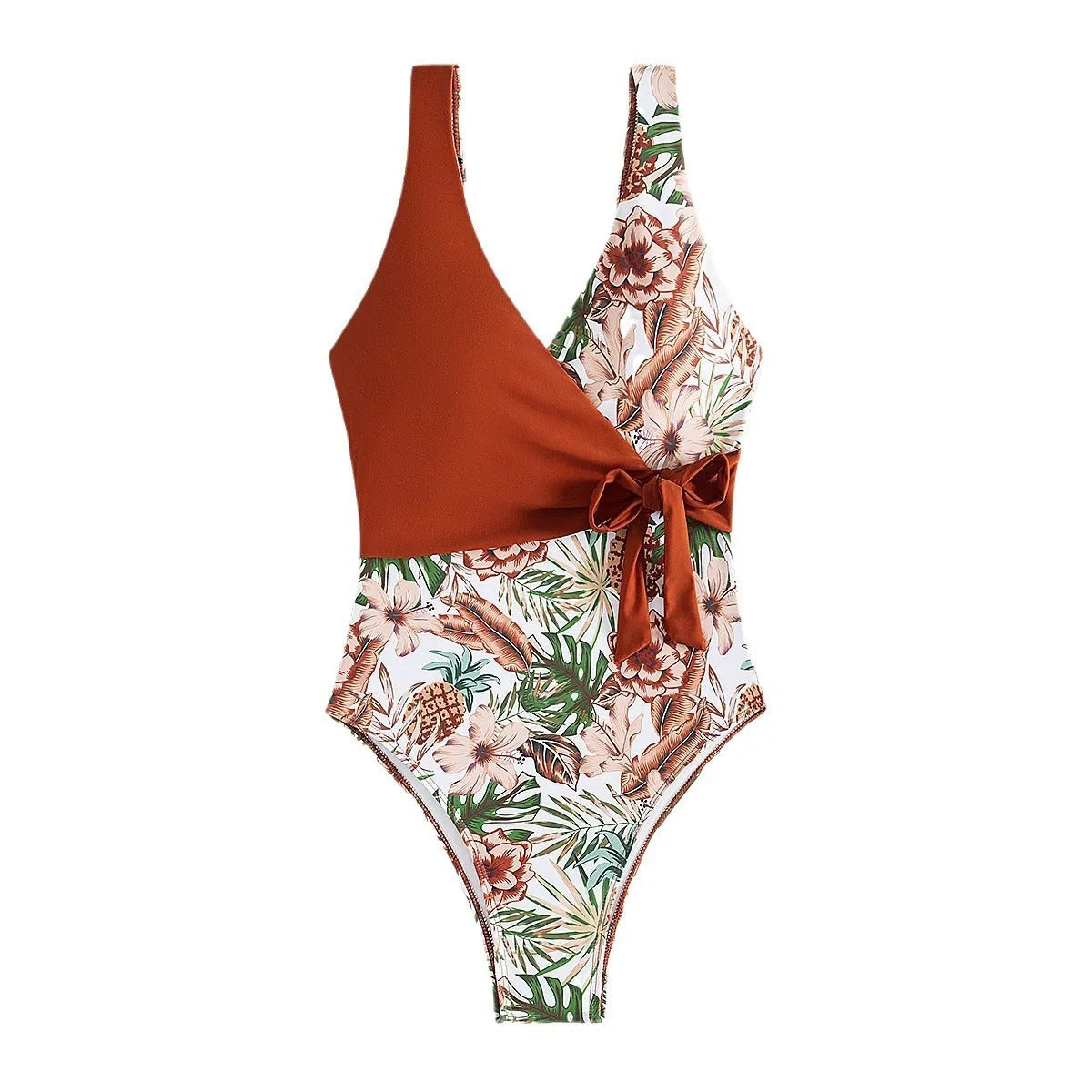 Women's one-piece swimsuit with multicolor tropical plants print, polyester, sizes S-XL