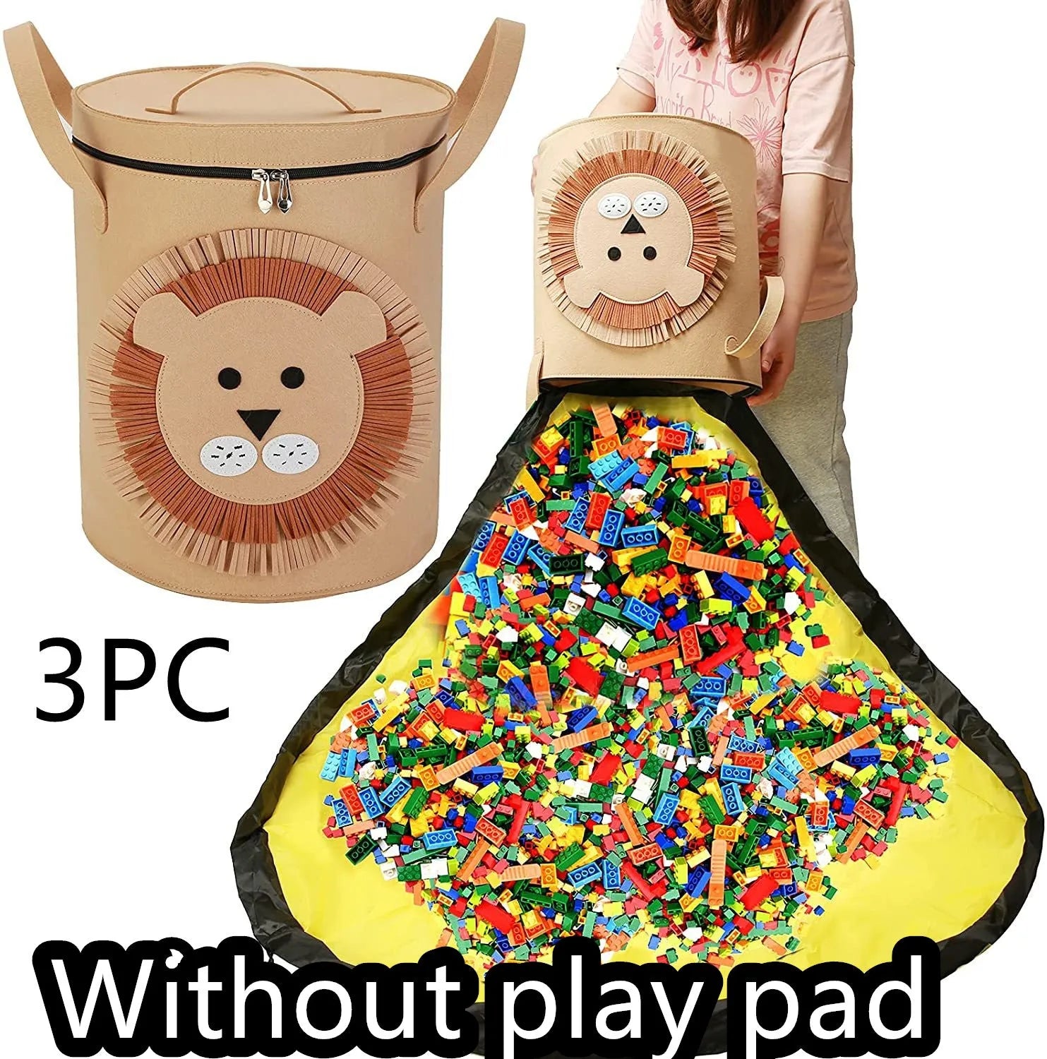 Green felt cube storage bag with pull rope open as a floor play mat for toys.