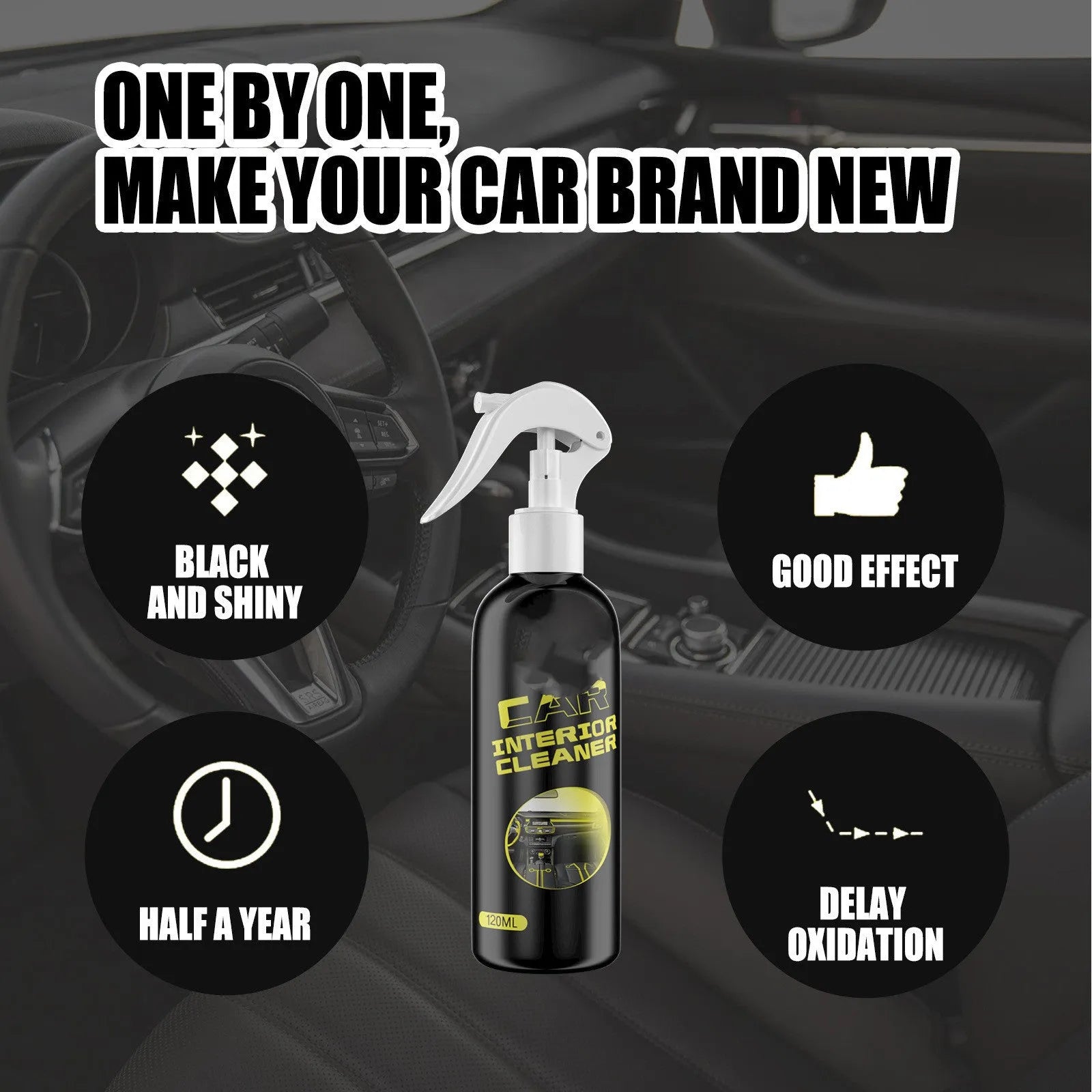 120ml bottle of car interior cleaner and maintenance agent for leather and plastic surfaces.